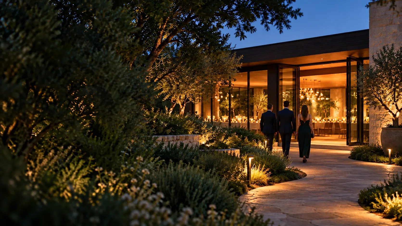 Guests arriving at an evening venue